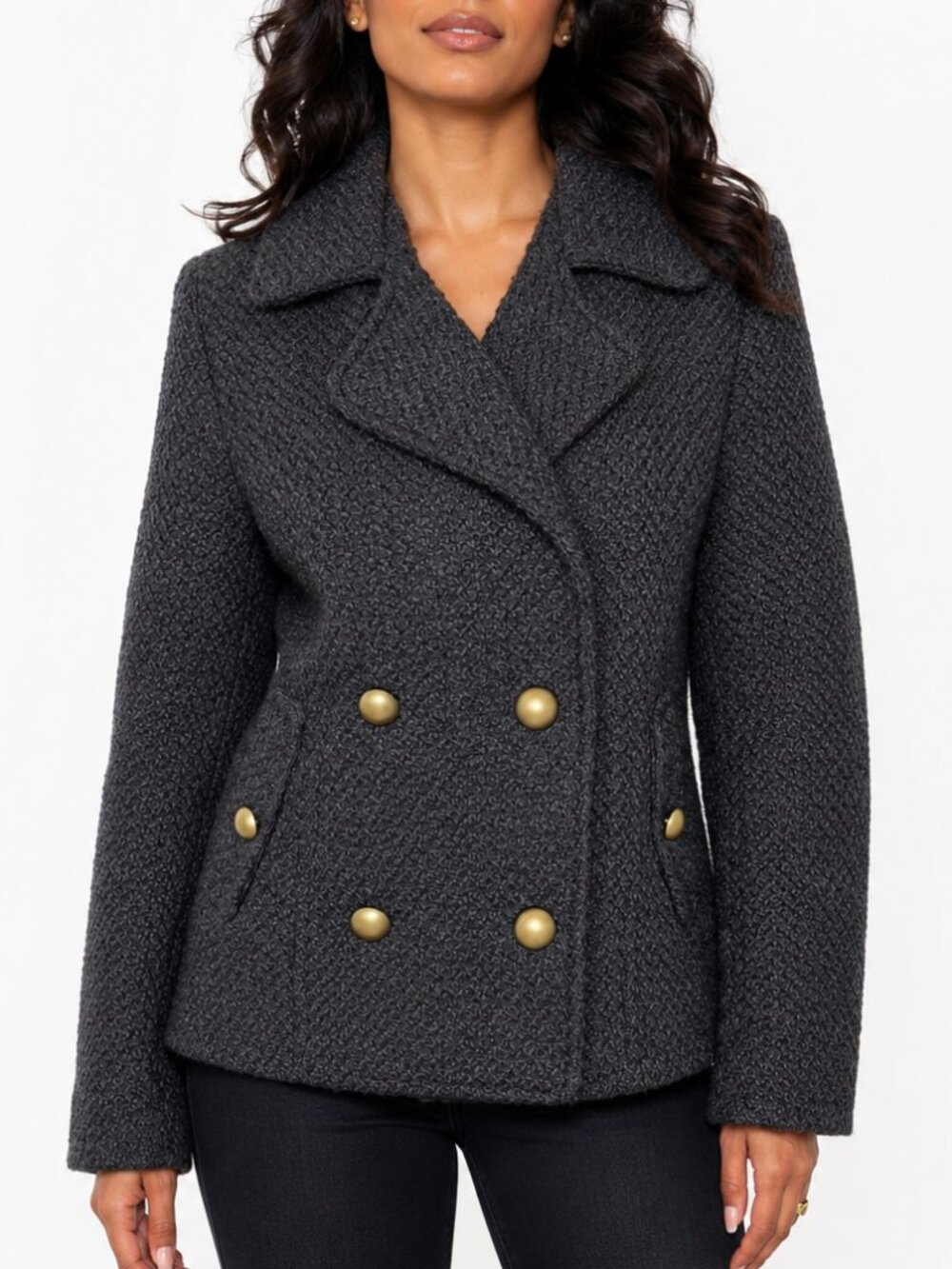 Boy Meets Girl Dark Academia Double Breasted Boucle Tweed Wool Blend Peacoat XL